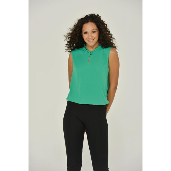 Emerald Green Sleeveless Keyhole Blouse With Delicate Ruffle Neck - Picture 2 of 6
